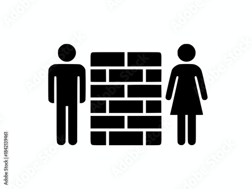 This vector illustration symbolizes gender inequality, division, or a communication barrier between a man and a woman, represented by a solid brick wall. Ideal for concepts of social issues, divorce.