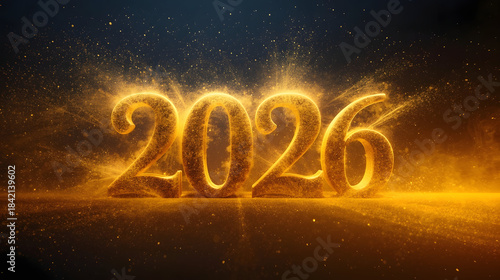 New Year 2026 image with bold golden text and sparks, celebrating prosperity, energy, and festive excitement vibrantly.
