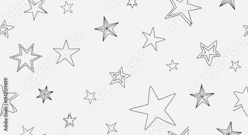 A charming and artistic seamless pattern featuring various hand-drawn outline stars in different sizes and styles on a light background.