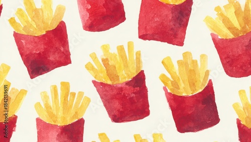 明るい水彩タッチのフライドポテトシームレスパターン背景素材