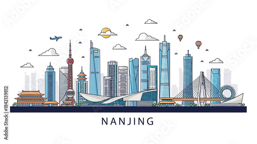 Nanjing Skyline, Urban Landscape Illustration, Cityscape Art, Modern Architecture, Vibrant Environment