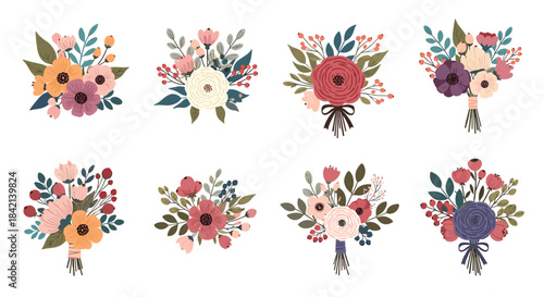 A collection of beautifully illustrated rustic floral bouquets with various flowers, leaves, and berries, perfect for decorative designs.