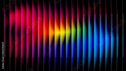 Fluid glass Wavy reeded stripes background with red and yellow glow light, 