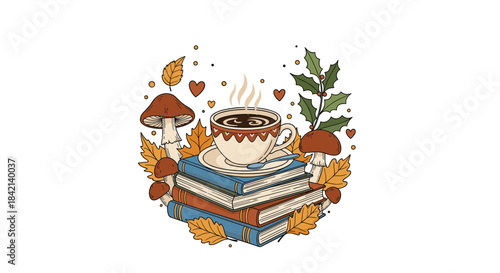 A cozy autumn and winter illustration featuring a steaming cup of coffee on a stack of books, surrounded by mushrooms, leaves, and holly.