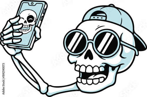 Vector illustration of a trendy cartoon skull wearing round sunglasses and a backward cap, taking a selfie with a smartphone that displays a winking reflection.
