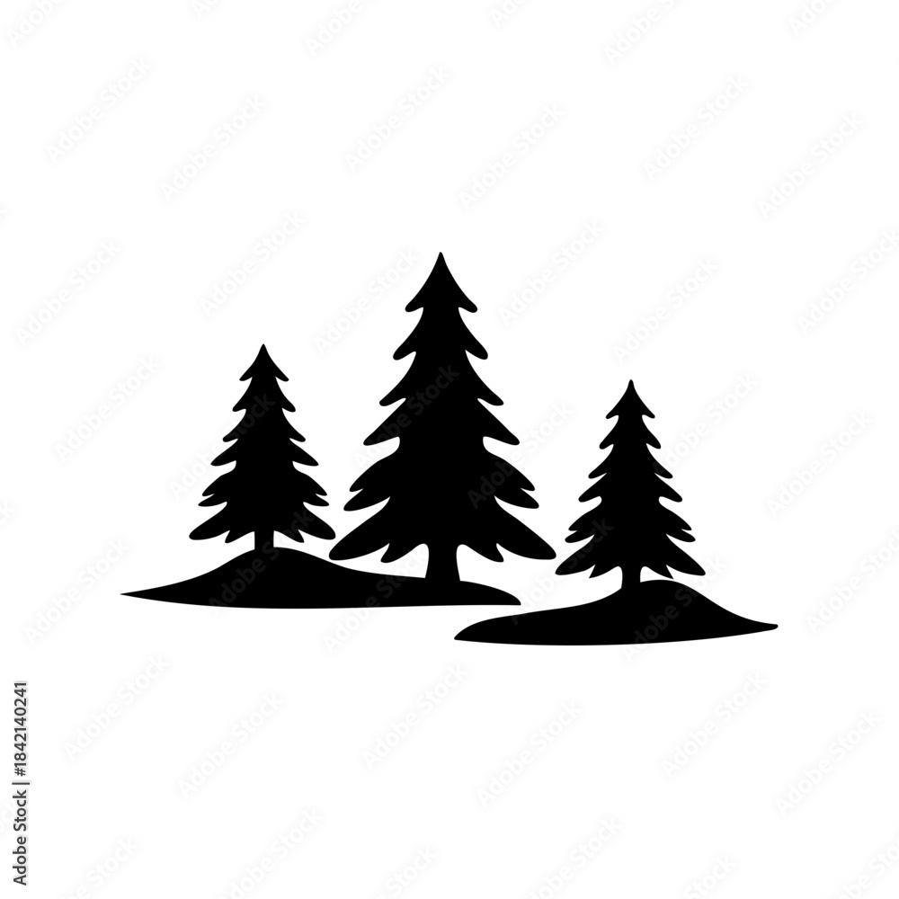 Obraz premium Three minimalist black silhouette pine trees stand majestically against a pure white background