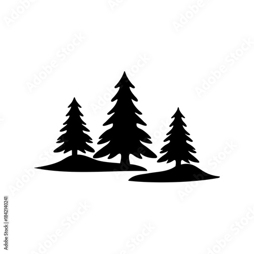 Three minimalist black silhouette pine trees stand majestically against a pure white background