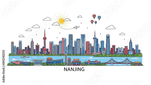 Modern Architecture, Hot Air Balloons, River View, Vibrant Environment, Daytime Perspective