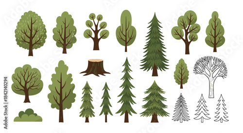 A diverse collection of stylized tree illustrations, featuring various types of deciduous and evergreen trees, a tree stump, and a bush.