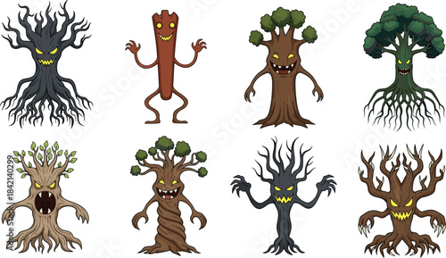 Eight cartoon monster trees with yellow eyes and sharp teeth on white background