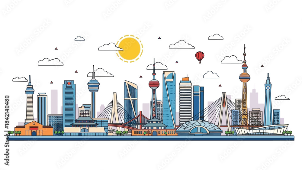Fototapeta premium Cityscape Illustration, Shanghai Skyline, Urban, Digital Art, Sunny Day, Aerial View, Modern Architecture