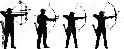 Four black silhouette archers drawing bows with arrows in quivers archery bow and arrow