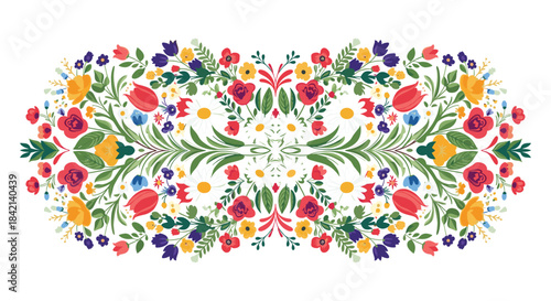 Vibrant folk art style floral border with a symmetrical arrangement of colorful spring and summer flowers.