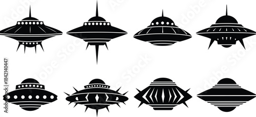 Eight black silhouette flying saucer alien spacecraft icons on white background spaceship