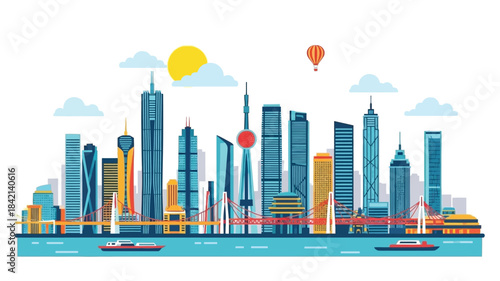 Urban Skyline Illustration, Cityscape, with Hot Air Balloon, Modern Architecture, Vibrant Environment, Aesthetic Viewpoint