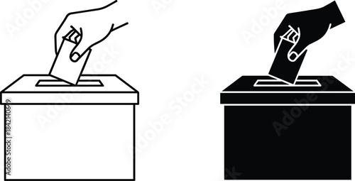 Hand dropping ballot into ballot box line art and silhouette voting election