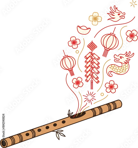 Flat 2D bamboo flute icon carving floating New Year symbols in simple clean festive vector style