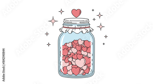 A magical glass jar overflowing with an abundance of pink and red hearts, radiating love and warmth with whimsical sparkles all around it.
