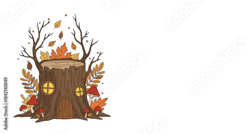 A cozy, magical tree stump house surrounded by autumn leaves, bare branches, and red mushrooms, depicting a charming fall season dwelling.