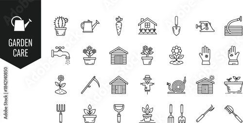 Garden care icons including watering can, plants, tools, shed, and scarecrow vector