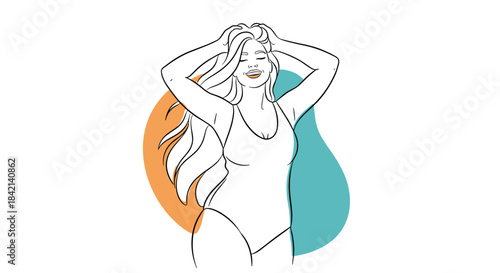 Happy plus-size woman with long hair smiling confidently, celebrating self-love and body positivity in a simple line art style.