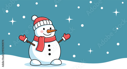 A cheerful snowman dressed in a red hat, scarf, and mittens stands smiling in a snowy winter landscape with falling snowflakes.