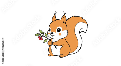 A charming cartoon squirrel with bright orange fur sits happily, holding a small branch adorned with green leaves and red berries.