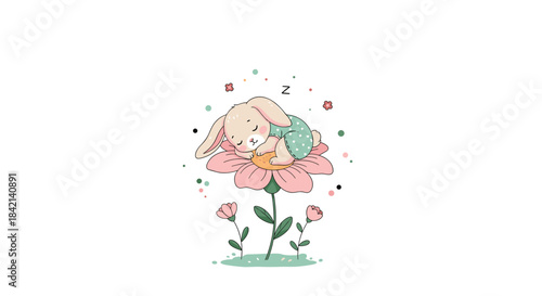 A sweet baby bunny, wearing a green polka-dot outfit, peacefully sleeps on a large pink flower, surrounded by whimsical blossoms and decorative dots.