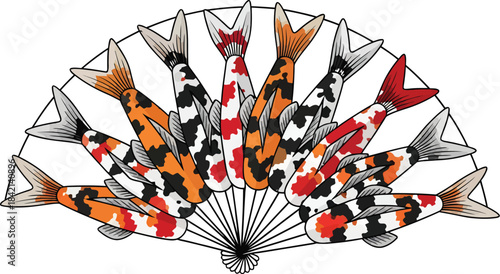 Flat 2D fan formed from koi fish tails arranged in a graceful semi-circle on clean white background