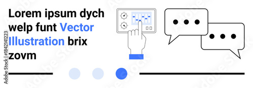 Hand tapping touchscreen with control panel, speech bubbles for chat. Ideal for communication, technology, feedback, user interaction, creativity, messaging, simple landing page