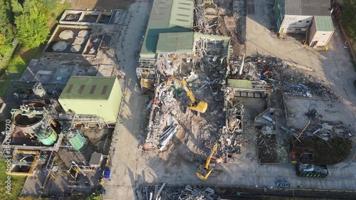 Chemical plant industrial demolition project. Decommissioning and demolition, removal and disposal of asbestos storage equipment, buildings and structural steelwork. Enviromental and global pollution