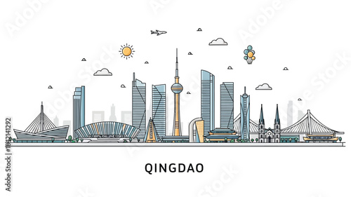 Qingdao China City Skyline with Modern Architectural Landmarks and Famous Buildings, Outline Vector Illustration. Asian Urban Landscape Travel Destination Drawing