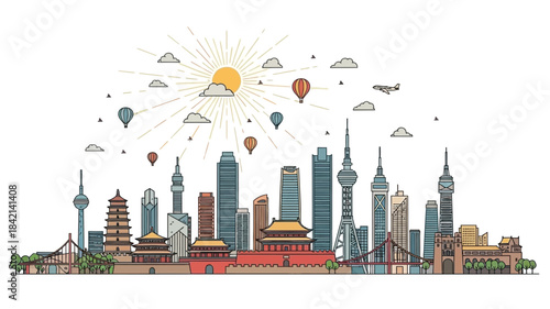 Global city skyline vector illustration, blending historical landmarks and modern skyscrapers, hot air balloons and an airplane, ideal for urban travel and architecture