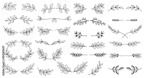 Set of hand-drawn vintage floral dividers, borders, frames, and decorative branch elements for elegant design projects.