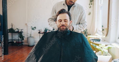 Tableau sur toile Happy man, hairdresser or preparation with haircut for grooming, beauty or style in barbershop