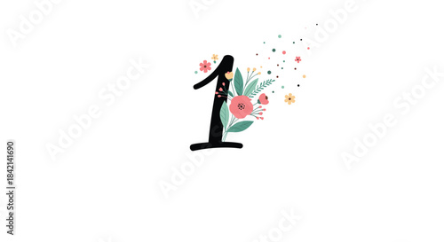 Stylized black number one decorated with a delicate floral arrangement of pink and yellow flowers, green leaves, and scattered colorful confetti on a white background.
