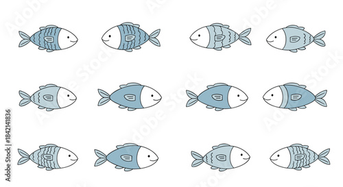 Cute cartoon fish with varying patterns and orientations creating a whimsical aquatic illustration.