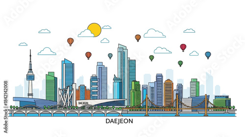 Vibrant flat line art illustration of Daedeon city skyline in South Korea, featuring modern architecture, urban landscape, and a scenic river with a bridge, perfect for travel and tourism designs