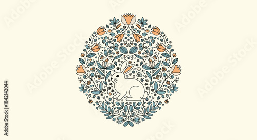 Decorative illustration of a white rabbit surrounded by a circular floral arrangement of leaves and blossoms, in a whimsical folk art style.