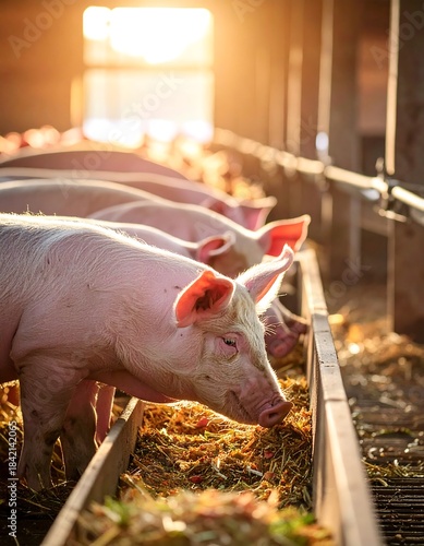 Close-up of pink pigs eating food in a barn, with bright sunlight