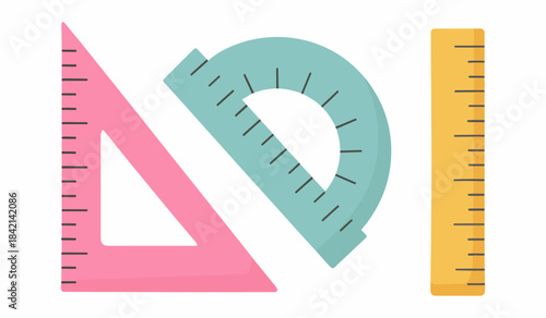 Geometric measuring tools. Triangular ruler, protractor, and straight ruler. Essential instruments for math, geometry, and technical drawing. Ideal for students, teachers, and educational materials.