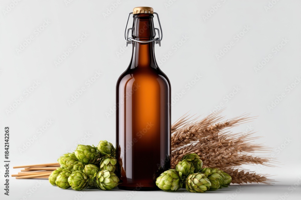 Obraz premium Dark amber beer bottle surrounded by hops and barley on a clean displayed background in a well-lit environment for brewing enthusiasts