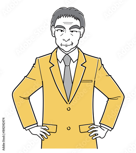 腰に手をあててニヤニヤしているスーツの中年男性（シンプル・上半身）
