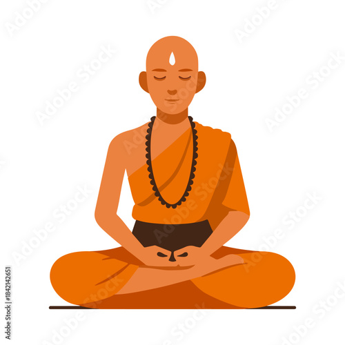 Hindu Monk or Sadhu in Meditation Pose with Mala Beads Illustration
