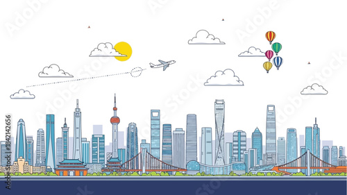 Illustrated panorama of a modern city skyline with iconic landmarks and hot air balloons against a bright sky