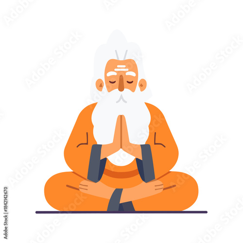 Elderly Hindu Sage or Guru in Meditation Namaste Pose Illustration