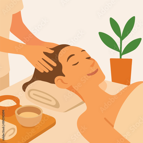 Woman Receiving Relaxing Head and Face Massage at Spa Illustration