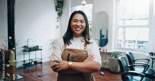 Quadro su tela Portrait, happiness and woman in hair salon with arms crossed, about us or owner of small business