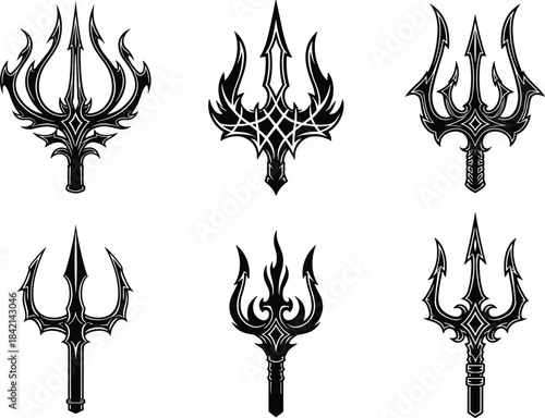 Six black tribal trident emblems with sharp points and decorative elements on white background