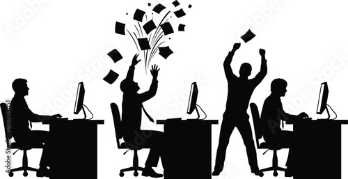 Silhouettes of office workers at desks with one man throwing papers in the air computer